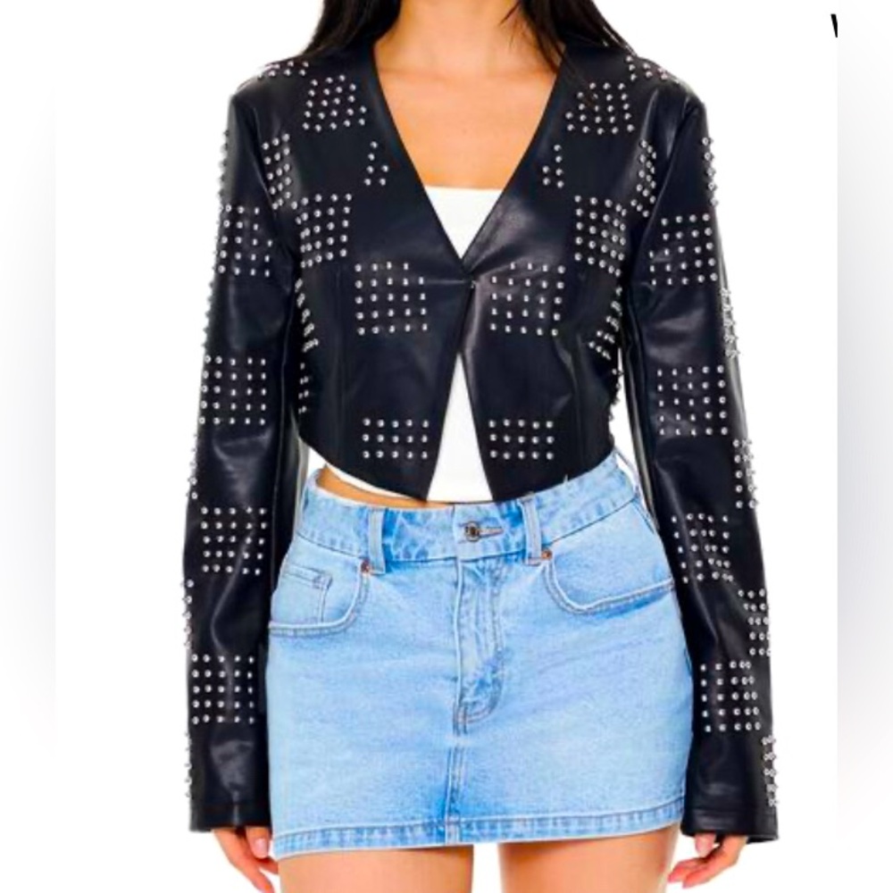 Forever21 Black faux leather jacket with stud embellishments. Size small.